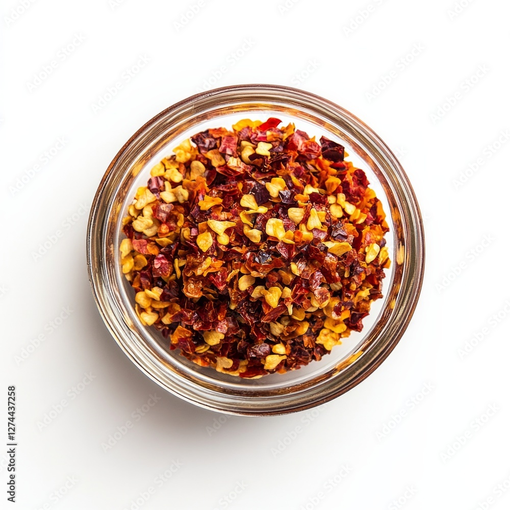 Glass bowl of crushed red chili flakes on white background Glass bowl of crushed red chili flakes on white background