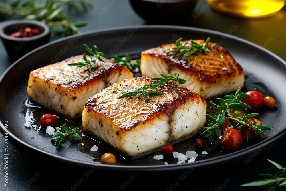 Dorado fillets infused with Mediterranean herbs under soft diffused light. Generative AI Dorado fillets infused with Mediterranean herbs under soft diffused light. Generative AI