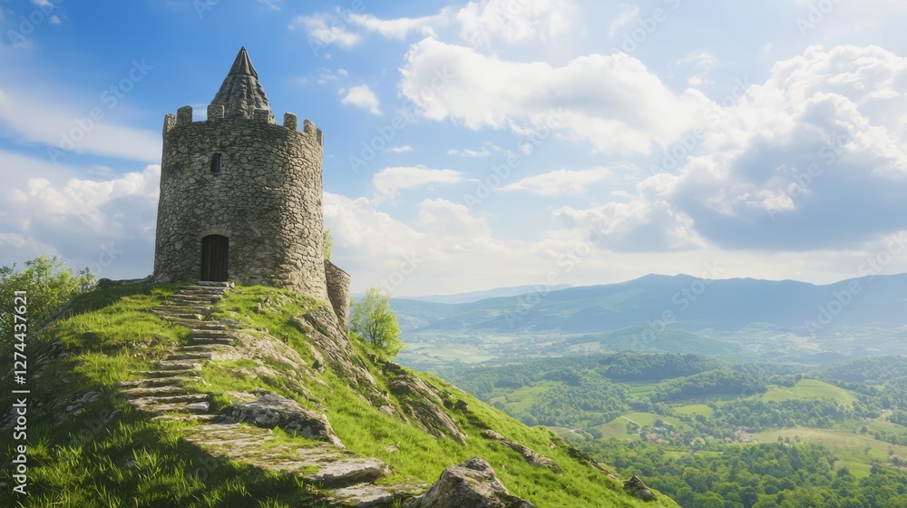 Medieval Stone Tower with Staircase Overlooking Green Landscape
