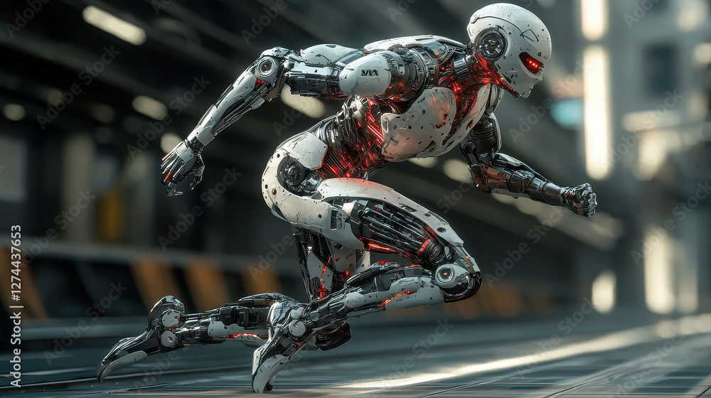 Fototapeta premium Futuristic robotic athlete showcases speed and agility in advanced Olympic competition with cybernetic exoskeleton enhancements
