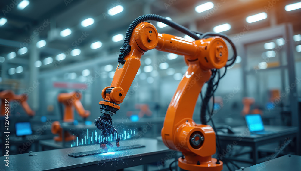 Advanced robotic arm operates in modern smart factory, illustrating industrial automation. Data analytics performance metrics overlayed. High tech machine manufacturing digital products with robotic Advanced robotic arm operates in modern smart factory, illustrating industrial automation. Data analytics performance metrics overlayed. High tech machine manufacturing digital products with robotic
