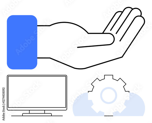 Open hand, computer screen, and gear within a cloud. Ideal for tech support, IT services, customer care, service-oriented industries, digital innovation online help future tech trends. Line