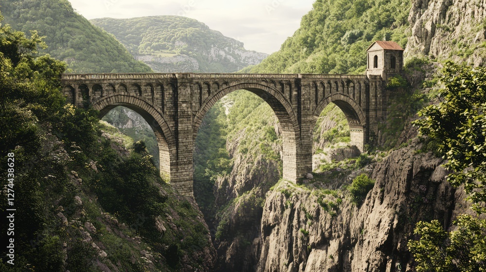 Majestic Medieval Stone Bridge Over Deep Ravine in Scenic Landscape Majestic Medieval Stone Bridge Over Deep Ravine in Scenic Landscape