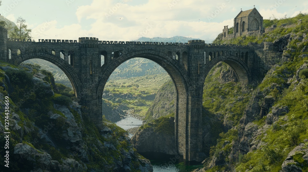 Fototapeta premium Architectural Marvel of Medieval Bridge over Deep Ravine Landscape