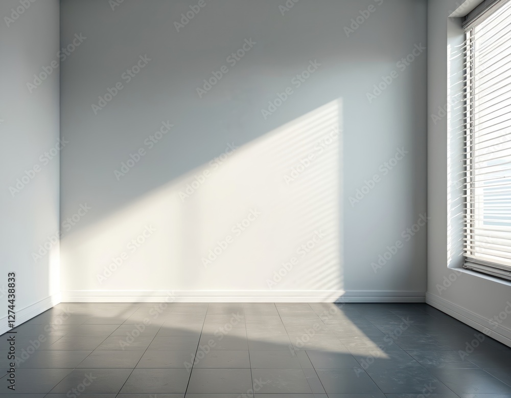 Bright empty room with sunlight and tile floor. Room mockup with panoramic window. Interior with blank white wall, copy space. Modern minimalist design, flat apartment, new loft style. Bright empty room with sunlight and tile floor. Room mockup with panoramic window. Interior with blank white wall, copy space. Modern minimalist design, flat apartment, new loft style.