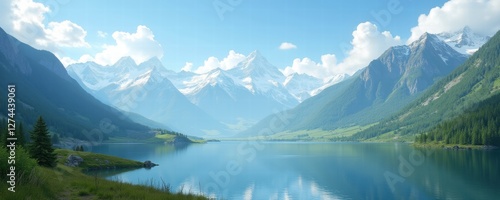 Wallpaper Mural A breathtaking panoramic view of serene mountains and a tranquil lake under a clear blue sky, perfect for nature and travel themes. Torontodigital.ca