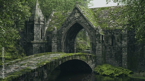Ancient Stone Bridge Over Lush Greenery with Gothic Architecture