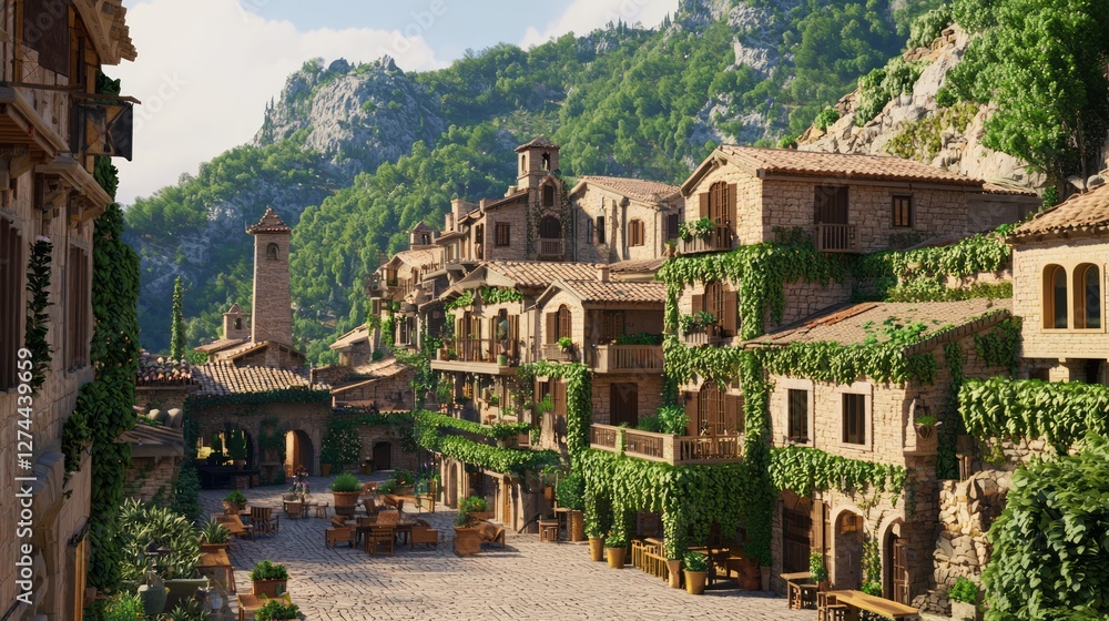 Obraz premium Serene Medieval Village Nestled in Lush Mountain Landscape
