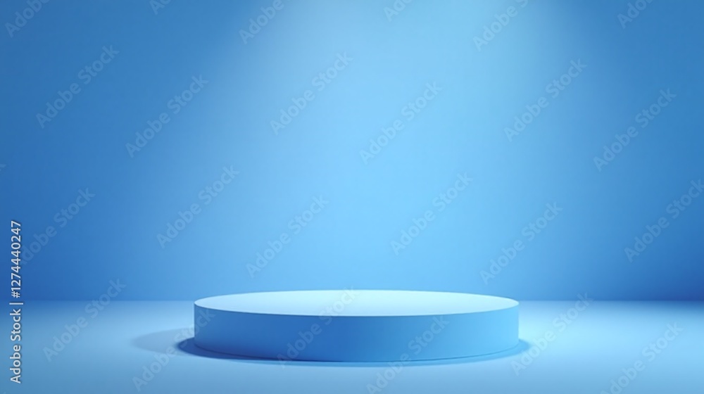 A circular, blue pedestal stands against a gradient blue background. A circular, blue pedestal stands against a gradient blue background.