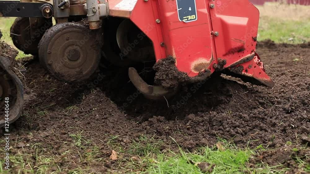 A mini crawler tractor with a cutter works on an agricultural field, milling the soil. A mini crawler tractor with a cutter works on an agricultural field, milling the soil.
