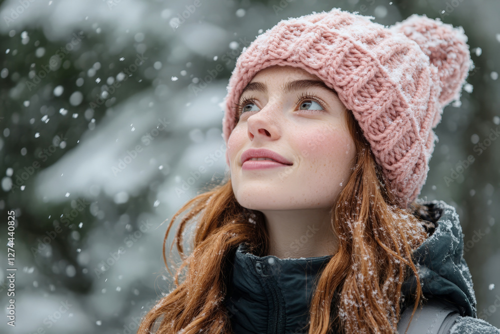 A young woman with red hair in a pink knitted hat smiles gently as snowflakes fall around her, capturing a magical winter moment in a serene snowy forest setting. A young woman with red hair in a pink knitted hat smiles gently as snowflakes fall around her, capturing a magical winter moment in a serene snowy forest setting.