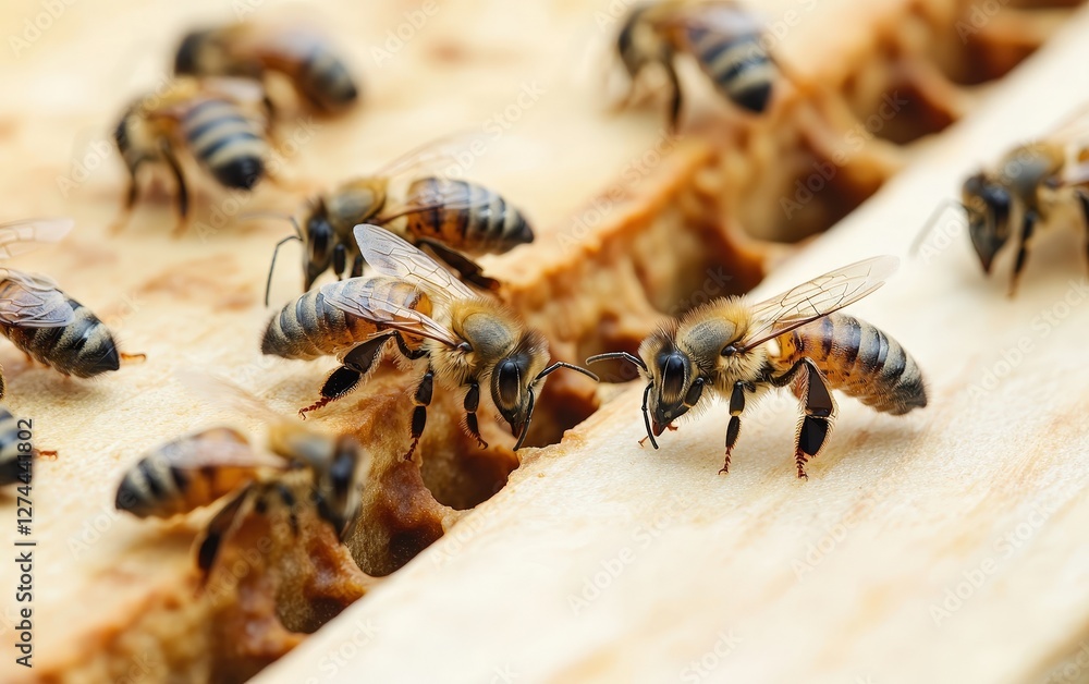 A diverse group of bees buzzing around a flower garden, capturing the essence of pollination and nature A diverse group of bees buzzing around a flower garden, capturing the essence of pollination and nature