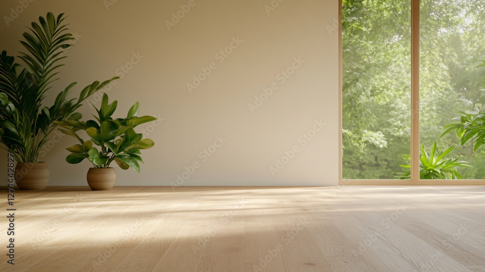 Minimalist empty room interior with wooden floor and window overlooking green garden. Natural sunlight casting shadows. Indoor plants decoration with copy space for text Minimalist empty room interior with wooden floor and window overlooking green garden. Natural sunlight casting shadows. Indoor plants decoration with copy space for text
