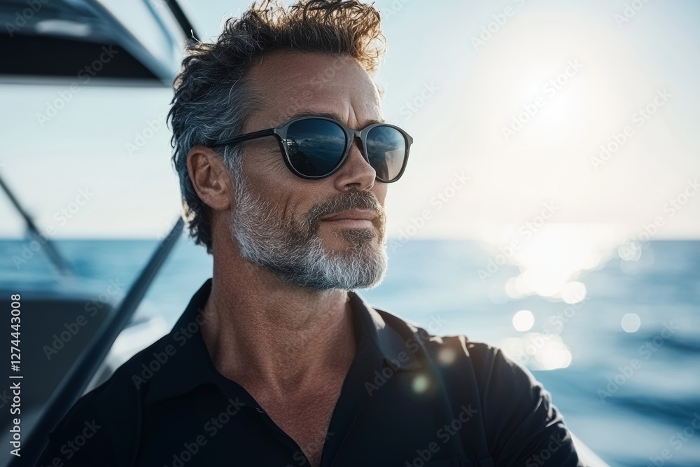 Wealthy man enjoys a day of fishing on a luxury yacht in the ocean sunlight. Generative AI Wealthy man enjoys a day of fishing on a luxury yacht in the ocean sunlight. Generative AI