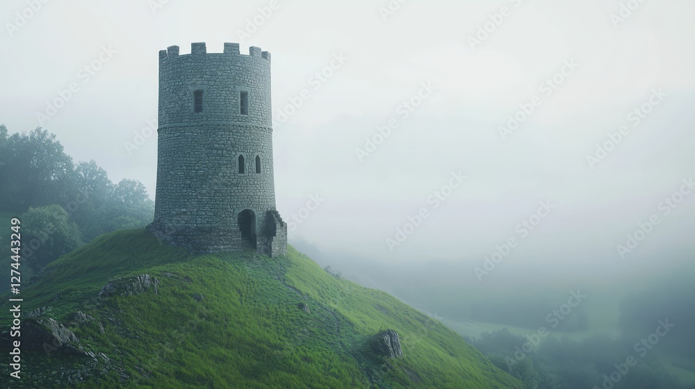 Misty Medieval Watchtower Perched on a Green Hilltop Landscape Misty Medieval Watchtower Perched on a Green Hilltop Landscape