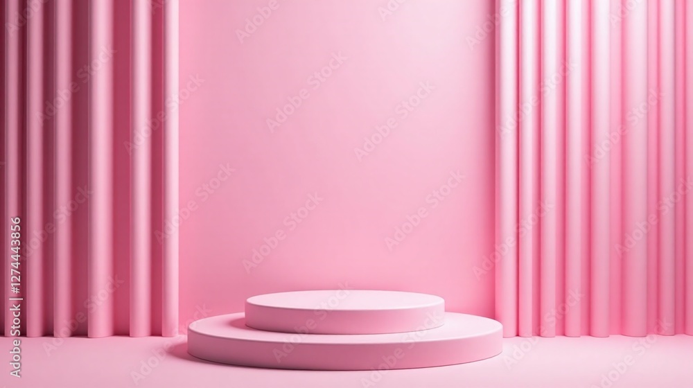 An elegant, minimalist setting with a pink podium and curtains.
