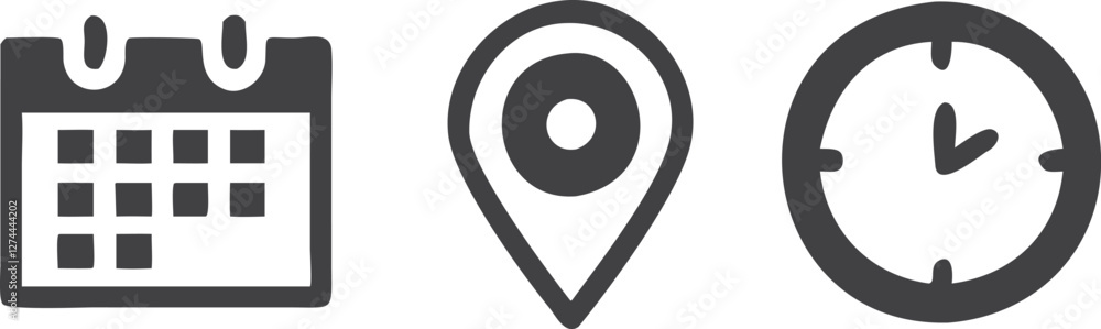 Calendar, location, and clock icons time & navigation vector set illustration, time, address, and date icon vector in flat style. clock, pin map location, and calendar Calendar, location, and clock icons time & navigation vector set illustration, time, address, and date icon vector in flat style. clock, pin map location, and calendar