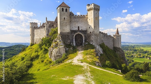 Medieval Castle Perched on a Hill with Dramatic Landscape Views