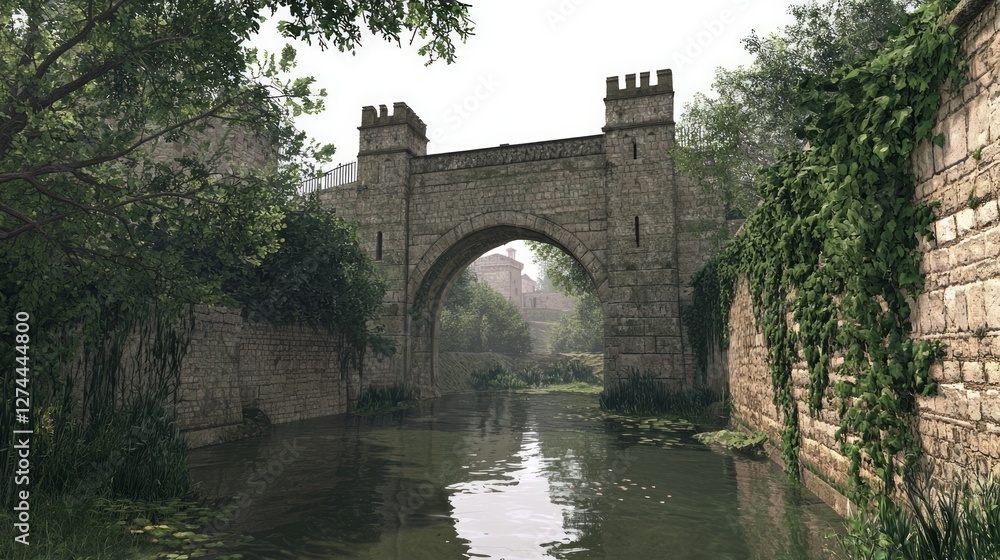 Medieval Town Gate Surrounded by Lush Vegetation and Waterway Medieval Town Gate Surrounded by Lush Vegetation and Waterway