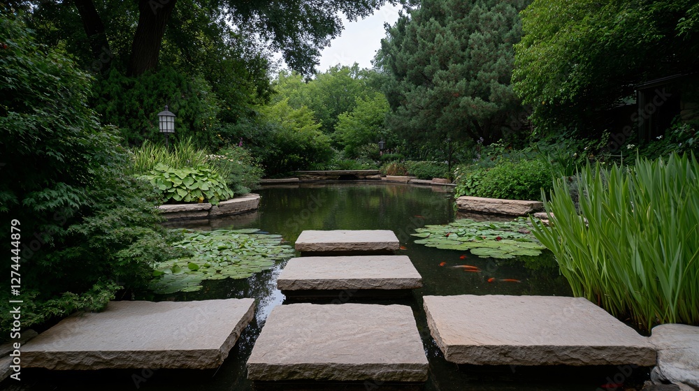 Zen garden stone path across tranquil pond with water lilies and iris plants in peaceful meditation park. Natural stepping stones in japanese style garden with copy space Zen garden stone path across tranquil pond with water lilies and iris plants in peaceful meditation park. Natural stepping stones in japanese style garden with copy space