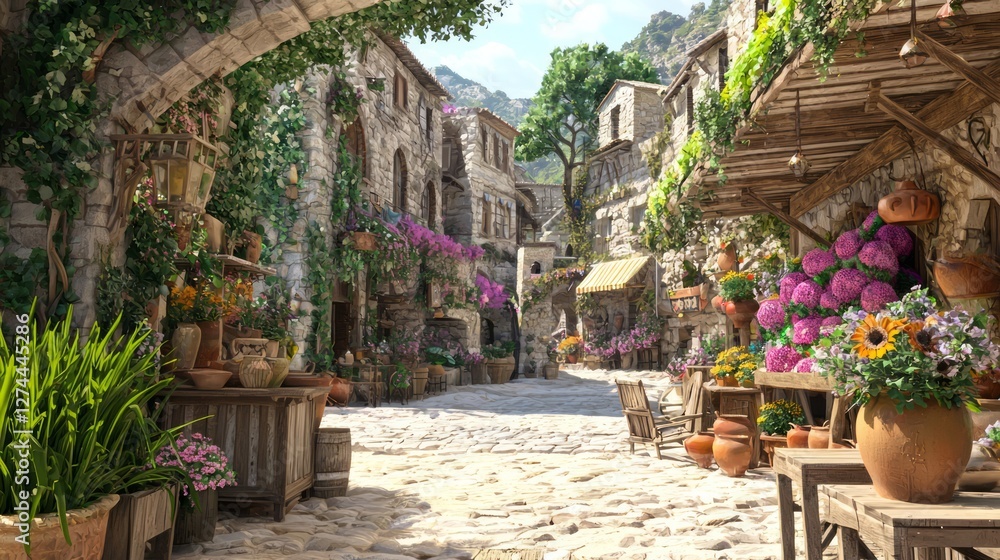 Fototapeta premium Charming Medieval Market Square with Vibrant Flowers and Stone Build