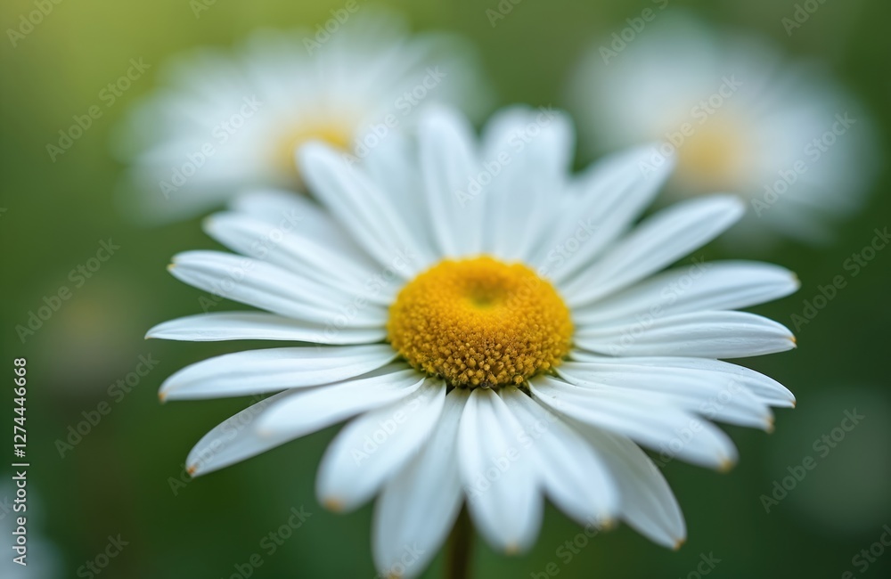 Close up of white daisy flower with yellow center, petals unfold like sunbursts. Marguerite chamomile blossoms, blooming plant in summer garden, spring field meadow with floral beauty. Close up of white daisy flower with yellow center, petals unfold like sunbursts. Marguerite chamomile blossoms, blooming plant in summer garden, spring field meadow with floral beauty.