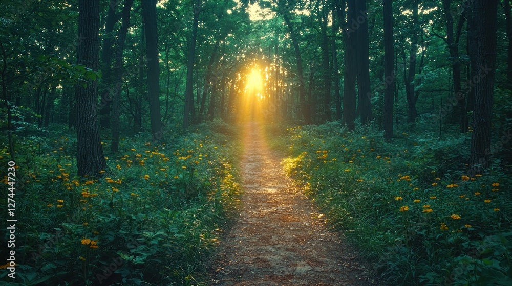 Fototapeta premium Sunlit Forest Path With Yellow Flowers