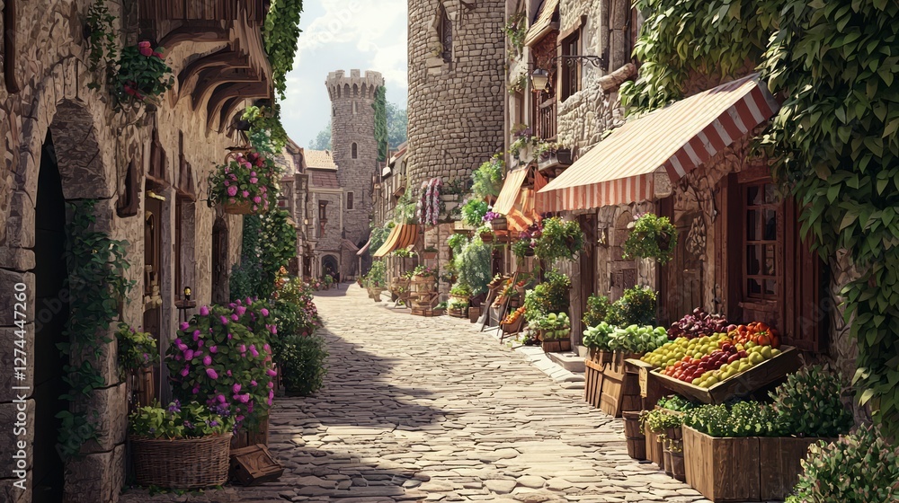 Fototapeta premium Charming Medieval Village Street with Quaint Shops and Flowers