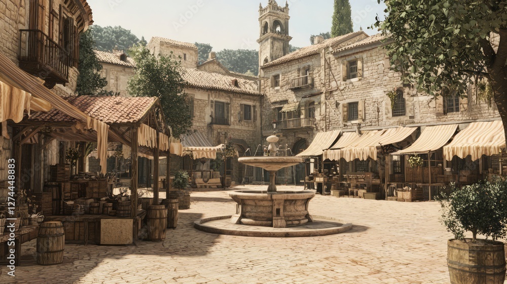 Obraz premium Medieval Town Square with Wooden Stalls and Central Fountain