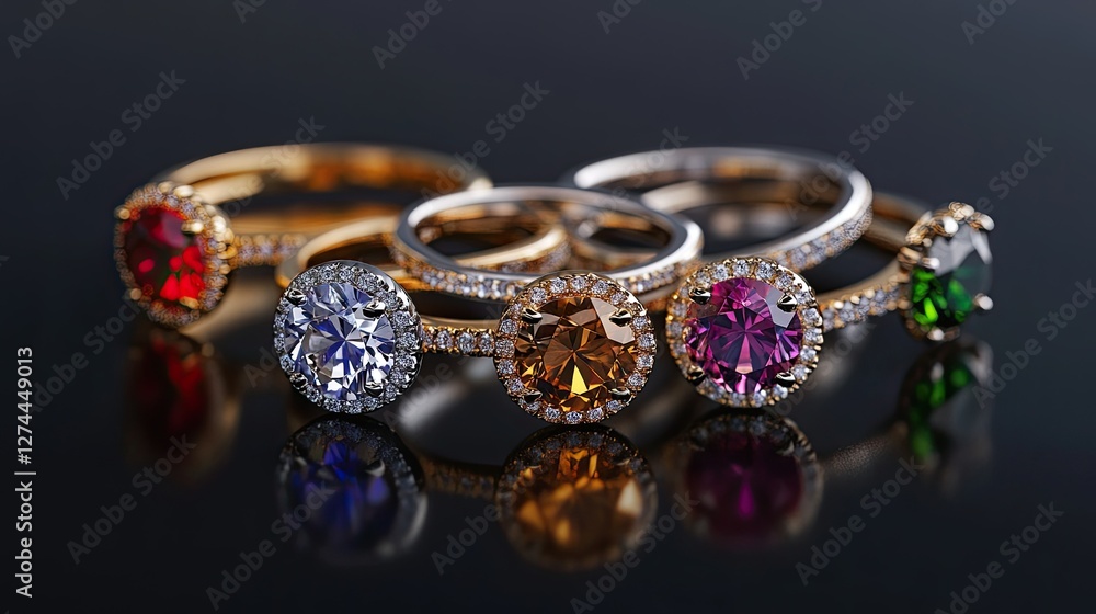 A set of luxury rings with gemstones in varied colors, arranged on a matte black background with delicate lighting to highlight each stone's brilliance A set of luxury rings with gemstones in varied colors, arranged on a matte black background with delicate lighting to highlight each stone's brilliance