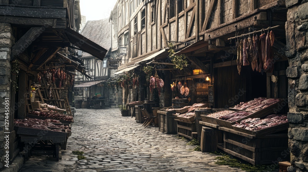 Medieval Market Street with Wooden Stalls and Rustic Charm Medieval Market Street with Wooden Stalls and Rustic Charm