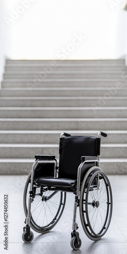 An empty wheelchair positioned on the steps of an elegant building, symbolizing accessibility challenges
