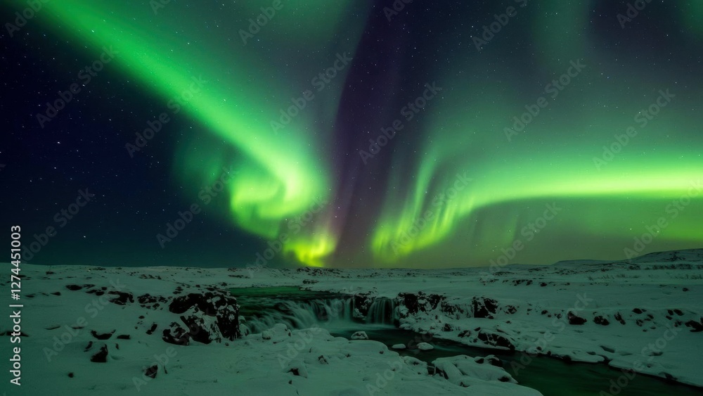 Naklejka premium Stunning northern lights illuminating a snowy landscape at night.