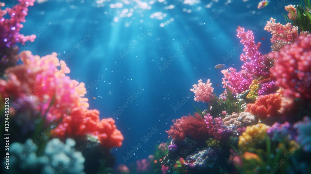 Obraz premium Vibrant coral reef underwater scene with pink and orange corals in turquoise blue ocean with sunlight rays streaming through water. Marine life and deep sea background