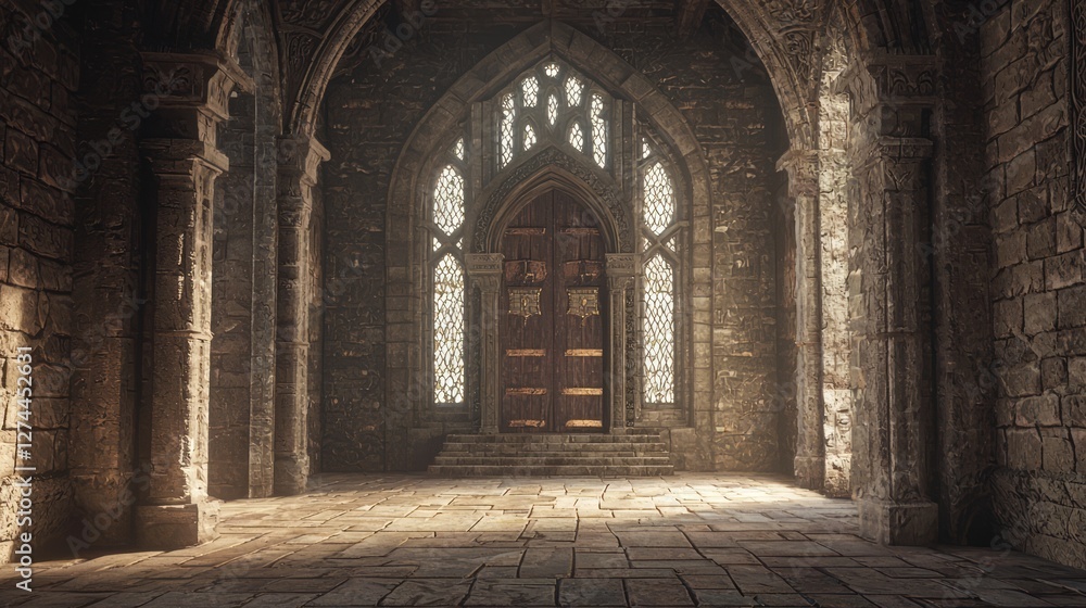 Obraz premium Majestic Medieval Castle Interior with Towering Stone Archways