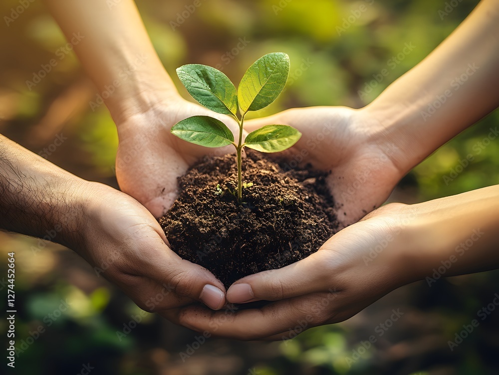 Fototapeta premium Nurturing New Growth: A close-up shot of two pairs of hands cradling a tender seedling, symbolizing care, growth, and environmental stewardship.