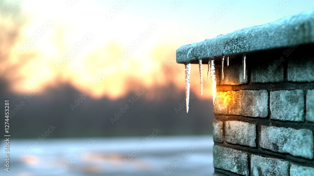 frozen icicles hanging from roof edge in cold winter morning