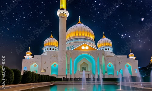Islamic Celebration Video, grand mosque background with night sky nuance, 4k resolution footage, ai generated.