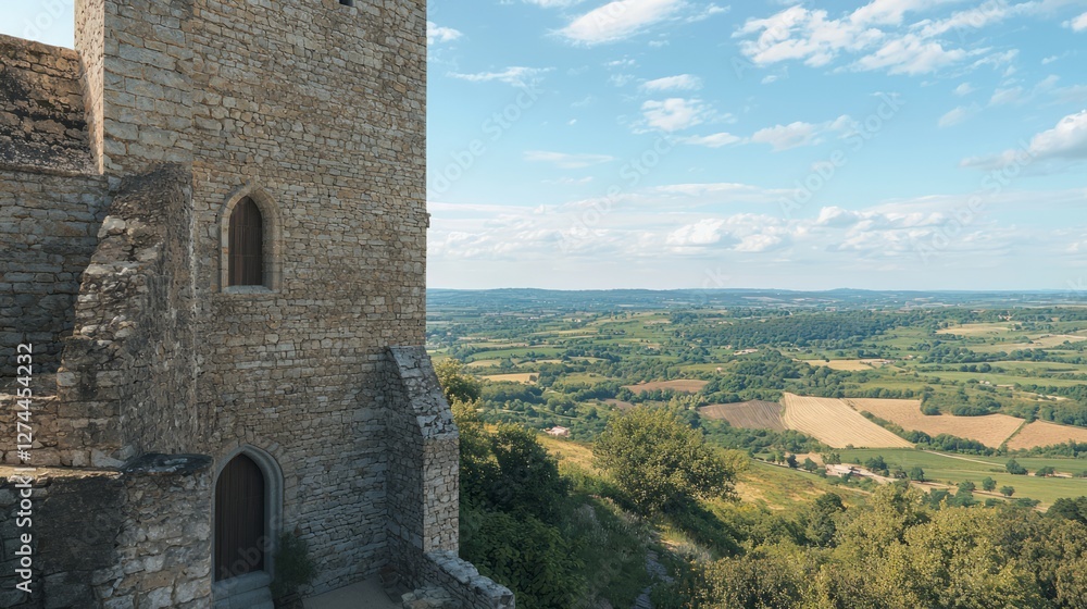 Medieval Stone Tower Overlooking Expansive Green Landscape Medieval Stone Tower Overlooking Expansive Green Landscape