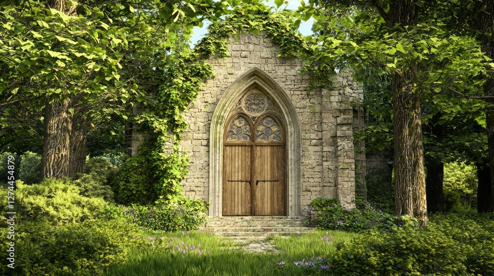 Intricate Medieval Chapel Surrounded by Lush Greenery in Nature Intricate Medieval Chapel Surrounded by Lush Greenery in Nature