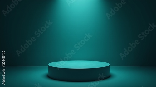 A minimalist scene with a blue platform illuminated by a single spotlight.