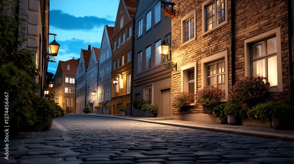 Fototapeta premium cobblestone alley with old brick buildings in historic town