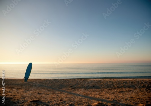 Surfboard resting on the sandy beach at sunset, creating a serene atmosphere