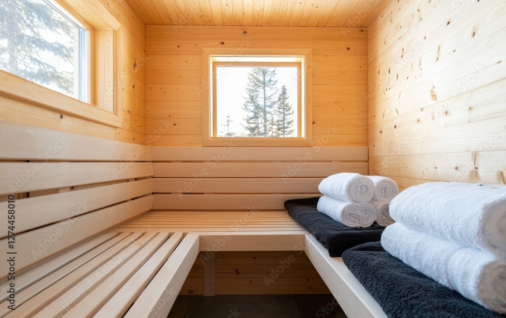 Naklejka premium A weathered wooden bench adorned with neatly stacked towels in a serene and peaceful outdoor setting