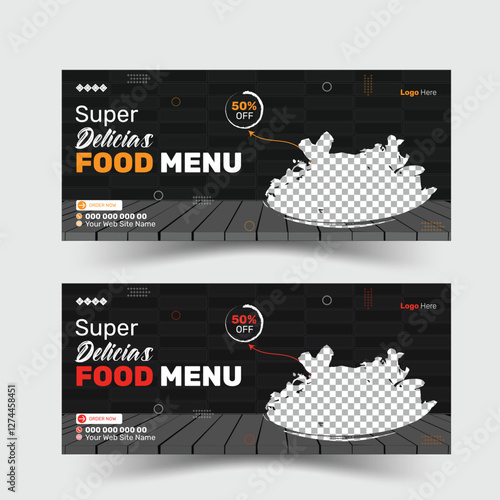 Super delicious fast food Facebook Cover banner template. Food banner or poster design for online business marketing. Perfect for business branding, web ads, social media ads, social media posts