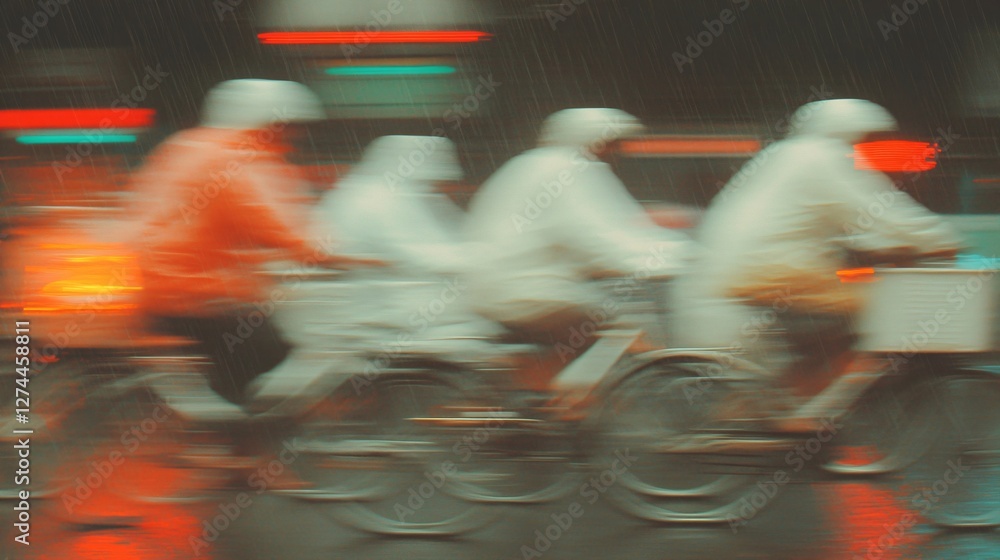 Obraz premium Motion blur effect of group cycling at night with glowing red lights. Urban speed racing scene with cyclists in white clothing showing movement and dynamics