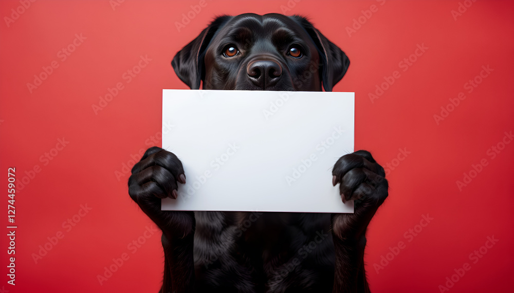 beautiful black Mastiff dog holding empty blank for note, warning. conceptual Digital artwork. Ai generated