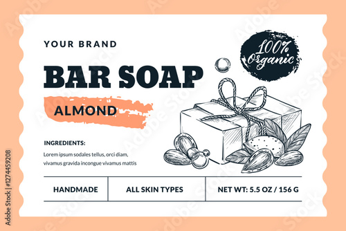 Almond hand made natural soap bar package label or sticker design template. Vector hand drawn sketch illustration