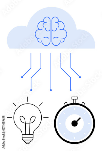 Cloud with brain lightbulb stopwatch connected lines. Ideal for creativity, technology, innovation, productivity, speed, brainstorming, and cloud computing. Line metaphor