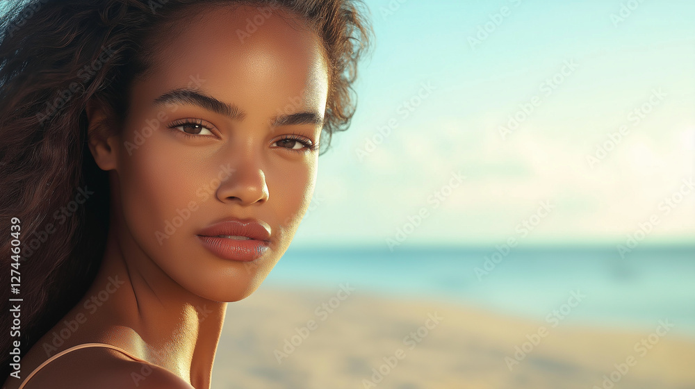 Porträt einer Frau am Strand bei Sonnenuntergang. Das weiche Licht betont ihre Gesichtszüge und schafft eine ruhige, entspannte Atmosphäre Porträt einer Frau am Strand bei Sonnenuntergang. Das weiche Licht betont ihre Gesichtszüge und schafft eine ruhige, entspannte Atmosphäre